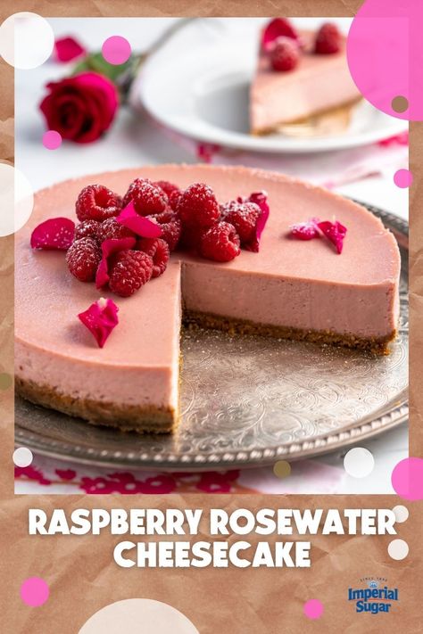 Beautiful, elegant and delicious are the words that are used to describe this Raspberry Rosewater Cheesecake. Your guests will be dazzled by fresh raspberries and creamy cheesecake. Serve at your next Easter gathering to really impress your family! For more Easter recipes and ideas visit ImperialSugar.com and pin your favorites! Made this recipe? Show us! #imperialsugar #easterrecipes #cheesecakerecipes #springdesserts Rosewater Cheesecake, Fancy Pastry, Time In French, Shower Recipes, Edible Rose Petals, Easter Gathering, Rose Flavored, Raspberry Recipes, Spring Desserts