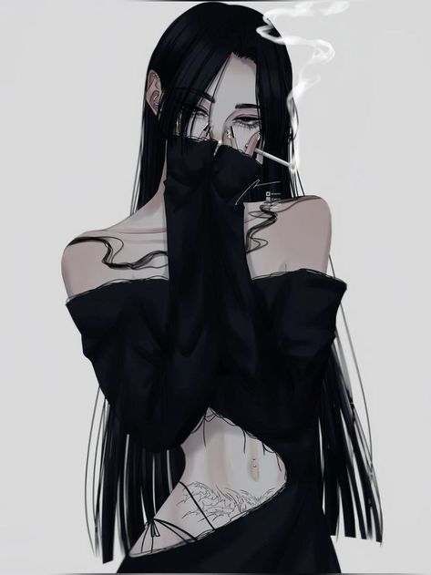 Badass Women Anime, Mafia Woman Art, Mafia Girl Animes, Anime Demon Woman Black Hair, Goth Girl Animes, Goth Girl Character Design, Anime Black Hair, Anime Shadow, My Fantasy World