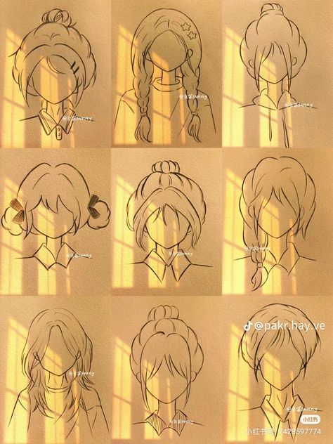 Anime Sketch Easy Tutorial, Cute Hairstyle Drawing, Bun Hairstyle Drawing, Outfit Sketch Ideas, Hair Designs Drawing, Anime Hairstyles Drawing, Free Character Design, Easy Designs To Draw, Anime Hair Tutorial