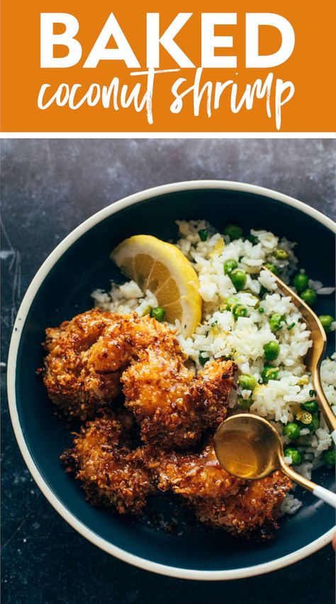 Baked Coconut Shrimp with Springy Rice and Honey Butter Sauce! Perfectly springy baked coconut shrimp piled high on a mountain of steamy pea-speckled and lemony rice and drizzles upon drizzles of a beautiful honey butter sauce. This is exactly the spring vacay you need! #shrimp #coconutshrimp #springrecipe Baked Coconut Shrimp Recipe, Lemony Rice, Honey Butter Sauce, Coconut Shrimp Recipe, Baked Coconut Shrimp, Baked Coconut, Coconut Shrimp Recipes, Spring Recipe, Shrimp And Rice