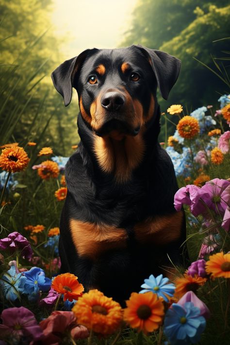 a wallpaper portrait artwork of a rottweiler dog in colored flowers and natural green background. Rottweiler Dog Wallpaper, Wallpaper Portrait, Puppy Care Tips, Rottweiler Dogs, Search And Rescue Dogs, Rottweiler Puppy, Flower Dog, Bonding Activities, Dog Artwork