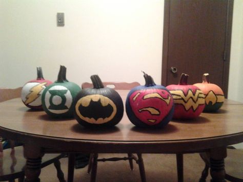 Justice League Pumpkins: I painted these pumpkins to use as decorations for the party (which we had during October). Iron Man Pumpkin Painting, Superhero Pumpkin, Iron Man Pumpkin, Pumpkin Paintings, Carved Pumpkins, 9th Birthday Parties, Pumpkin Carving Templates, Pumpkin Art, Trunk Or Treat