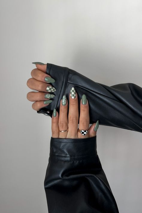 Sage Green Nails Inspiration, Girly Edgy Nails, Sage Green Nail Art Designs, Gel Z Nails, Green Nails With Checkers, Sage Checkered Nails, Dark Green Checkered Nails, Checker Nails Acrylic, Fall Nails 2023 Checkered