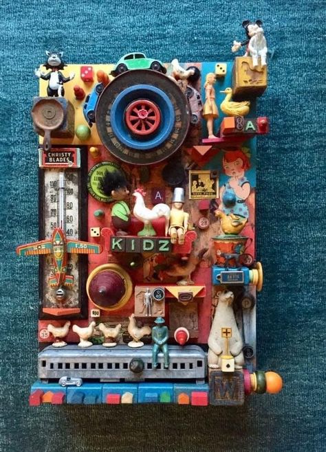 Found Object Art Assemblages Mixed Media, Found Object Art Assemblages, Assembledge Art, Object Collage, Toy Collection Room, Assemblage Art Sculpture, Assemblage Art Collage, Assemblage Art Mixed Media, Assemblage Art Dolls