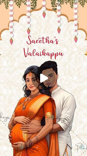 Traditional Baby Shower Indian, Valaikappu Invitation, Baby Shower Couple, Indian Baby Shower Invitations, Baby Shower Video, Traditional Baby Shower, Indian Baby Showers, Baby Sticker, Pregnancy Art