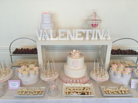 Beautiful elegant baby girl baptism-sweet candy bar Food Table Ideas, Baptism Dessert Table, Baptism Desserts, Treat Wall, Letter Cake Toppers, Letter Cake, Girl Baptism, Disney Birthday