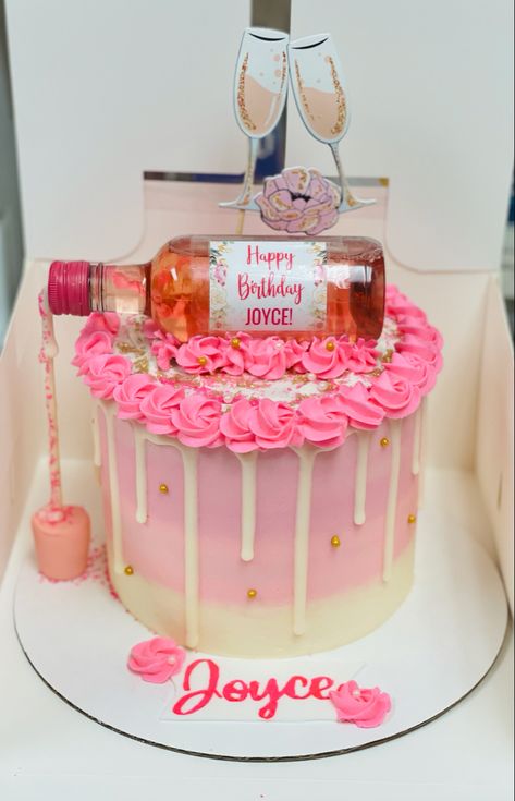 Pink champagne cake. Pink wine customize cake Pink Whitney Cake Ideas, Pink Drink Cake, Pink Whitney Cake, Champagne Cake Design Birthday, Birthday Cake Wine Theme, 21st Birthday Cake Champagne, Pink Birthday Cake With Alcohol Bottles, Champagne Cake Design, Wine Theme Cakes