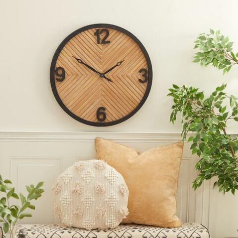 Light Brown Wood and Black Metal Industrial Wall Clock | World Market Industrial Clock Wall, Carved Wood Frame, Industrial Wood, Number 12, Wood Panels, Industrial Wall, Wall Finishes, Wood Wall Clock, Style Rustique