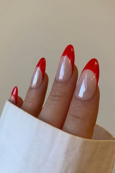 Labor Day Nails, nail ideas, labor day nail ideas, red white blue nails, patriotic nails, end of summer nails, summer nails, fall nails, nail ideas, glazed donut nails, Glazed Red French Tip Nails Glazed Donut French Tip, Red Tip Nails, Hailey Bieber Nails, Bieber Nails, Glazed Donut, Candy Red, May Nails, Red Nail Designs, Cat Kuku