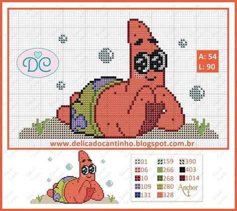 Patrick Star Cross Stitch, Spongebob Cross Stitch Pattern, Disney Perler Beads, Crochet Patterns Blanket, Chevron Crochet Blanket Pattern, Patrick Spongebob, Crochet Kids Blanket, Crochet Blanket Border, Perler Beads Ideas