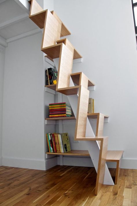 50 Creative Ways To Incorporate Book Storage In & Around Stairs Compact Staircase, Scale Loft, Space Saving Staircase, Loft Staircase, Wooden Staircase, Loft Stairs, Escalier Design, Loft Modern, Modern Stairs