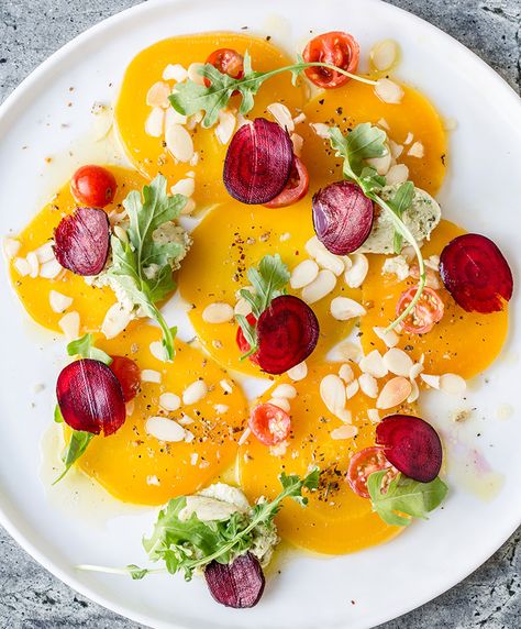 Golden beet carpaccio, Crudo. Salmon Tartare Fine Dining, Beetroot Carpaccio Fine Dining, Beet Carpaccio, Sweet Salads, San Diego Food, Golden Beets, Menu Inspiration, Clam Bake, Chefs Table