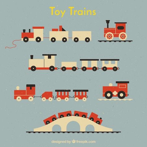 Pack of toy trains in flat design Free V... | Free Vector #Freepik #freevector #vintage #travel #design #train Christmas Toy Train, Train Cartoon, Noma Bar, Train Vector, Train Drawing, Train Illustration, The Finder, Wood Train, Map Creator