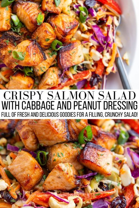 crispy salmon salad Salmon Healthy Dinner, Salad With Cabbage, Salad Station, Dinner Salmon, Crispy Salmon, Sea Food Salad Recipes, Salmon Salad Recipes, Salad Recipes Healthy Easy, Peanut Dressing