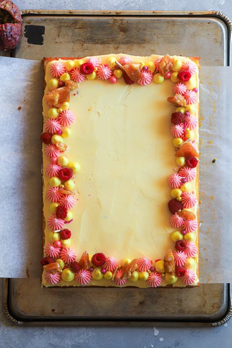 Fruit Sheet Cake, Nut Brittle, Passion Fruit Syrup, Orange Buttercream, Fruit Pastries, Passion Fruit Juice, Macadamia Nut, Pastry Brushes, Pastry Bag