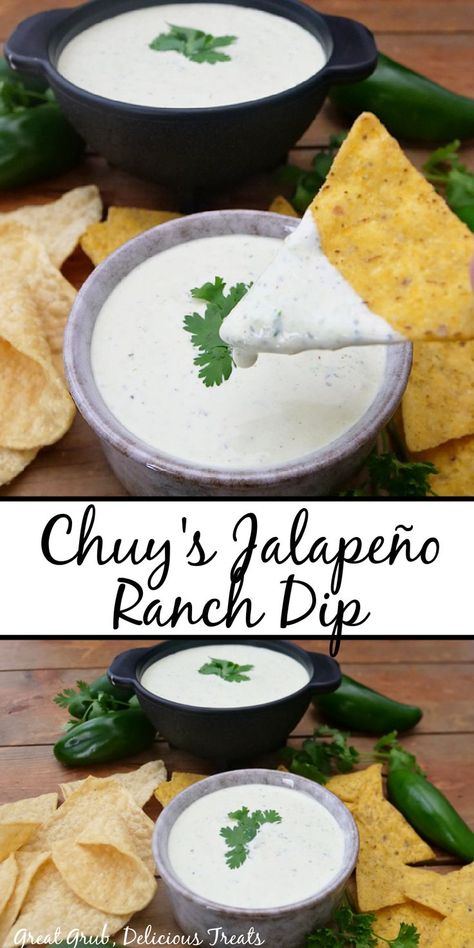 A double photo collage of dip in two small bowls with tortilla chips and jalapenos around them. Jalepeno Ranch Dip, Hidden Valley Ranch Dip, Jalapeno Ranch Dip, Jalapeño Ranch Dip, Ranch Dip Mix, Creamy Jalapeno Dip, Nacho Recipes, Jalapeño Peppers, Dips Recipes