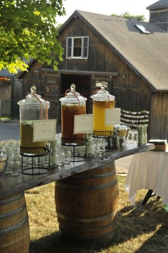 Reception Food Station, Wedding Reception Food Stations, Refreshments Table, Wine Barrel Table, Wedding Reception Food, Summer Wedding Colors, A Barn, Table Display, Old Barn