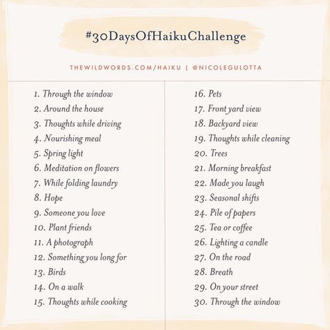 Day 10: A 30-Day Haiku Challenge from Nicole Gulotta - Jamie Ridler Studios 30 Day Poem Challenge, Haiku Writing Prompts, 30 Days Poetry Challenge, Poetry Challenge 30 Day, Haiku Prompt, Poem Challenge, Poetry Challenge, Poem Writing Prompts, Writing Challenges