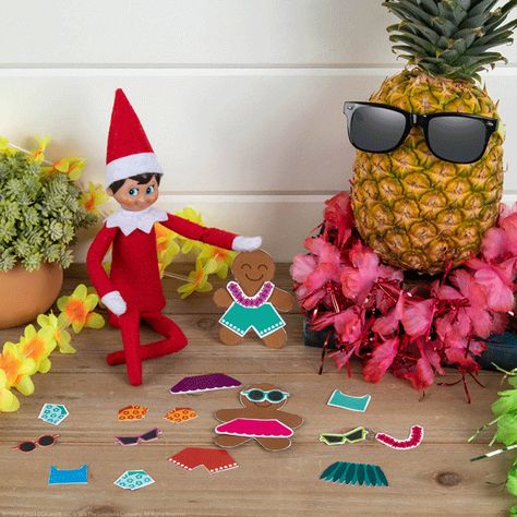 Merry & Bright Paperdoll Luau | The Elf on the Shelf Elf On The Shelf Christmas In July, Funny Elf Ideas, Elf 2023, Christmas Countdown Printable, Activity Jar, Luau Decorations, Elf Pets, Shelf Elf, Shelf Book