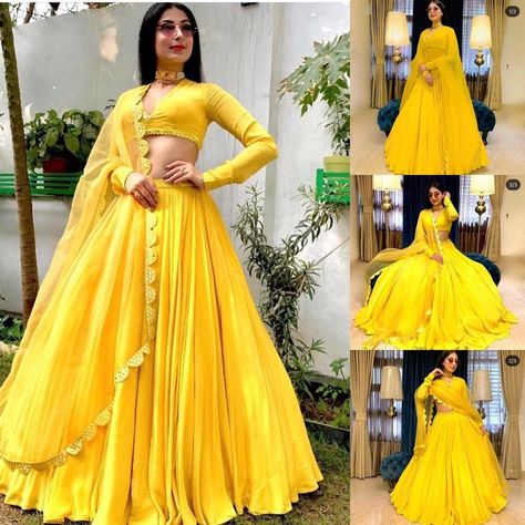 Beautiful lehenga choli with Dupatta Indian Wedding dress | Etsy Haldi Dress For Bridesmaid, Beautiful Lehengas, Haldi Dress, Mirror Border, Haldi Outfits, Lehenga Design, Mehendi Outfits, Georgette Lehenga, Lehnga Dress