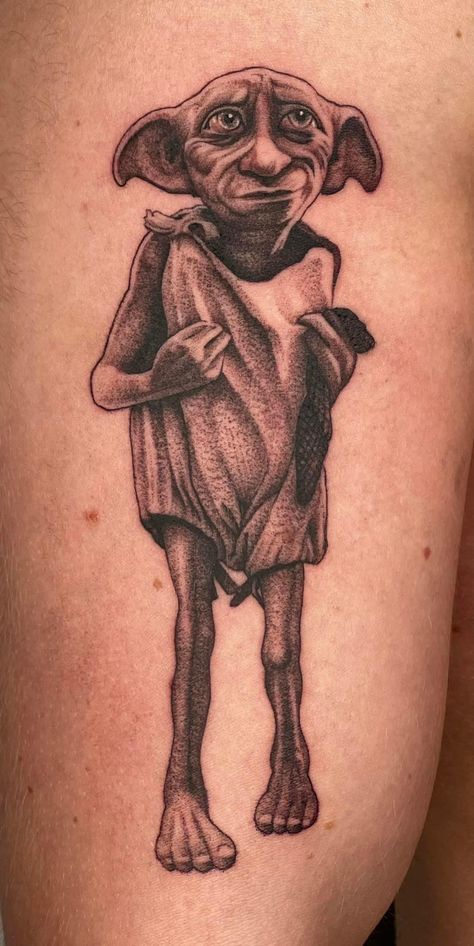 Hellhound Tattoo, Elf Tattoo, Harry Potter Tattoo Sleeve, Sock Tattoo, Harry Tattoos, Hp Tattoo, Castle Tattoo, Dobby Harry Potter, Harry Potter Tattoos