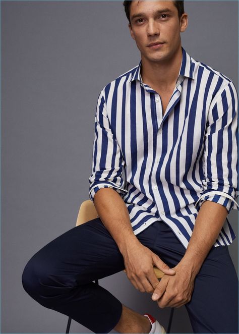 Alexis Petit dons a striped shirt with cropped trousers. Striped Shirt Outfit Men, Outfits With Striped Shirts, George Patton, Striped Shirt Men, Shirt Outfit Men, Stephen Covey, Men Fashion Casual Shirts, Christopher Robin, Mens Fashion Smart