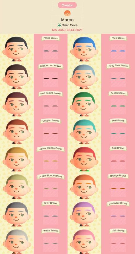 gradient eyebrows matching all hair colors (made with template from u/hskachu) : AnimalCrossing Animal Crossing Brows, Animal Crossing Hair, Colors Template, All Hair Colors, Acnh Outfits, Eyebrow Design, Acnh Clothes, Animal Crossing Memes, Animal Crossing Guide