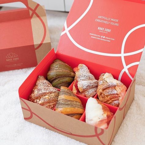 Bake Code Croissanterie on Instagram: “Happy Boxing Day! 🎁 Preordering for January 2021 is now available at bakecode.com/croissanterie 🥐💕 Our preorders are selling out fast.…” Box Of Pastries, Croissant Box Packaging, Croissant Packaging Design, Croffle Packaging, Croissant Flavors, Croissant Packaging, Pastry Packaging, Paris Bakery, Japanese Pastries