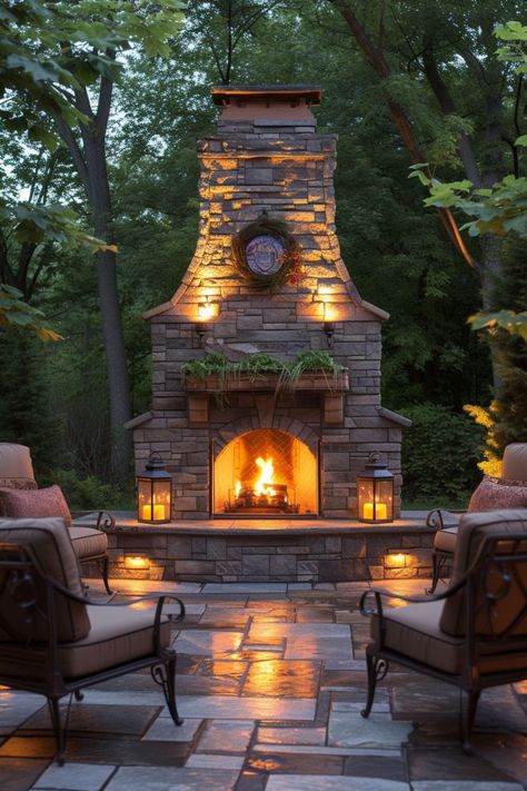 patio decorating ideas outdoor lighting Beautiful Outdoor Fireplace, Outdoor Chimney Fireplace, Corner Chimney, Rustic Outdoor Fireplaces, Outdoor Stone Fireplaces, Outdoor Wood Burning Fireplace, Outside Fireplace, Outdoor Fireplace Designs, Outdoor Fireplace Patio