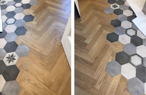 Tile Transition, Hex Tiles, Transition Ideas, Nyc Loft, Herringbone Wood Floor, Herringbone Wood, Wood Tile Floors, Flooring Trends, Healthy Eating For Kids