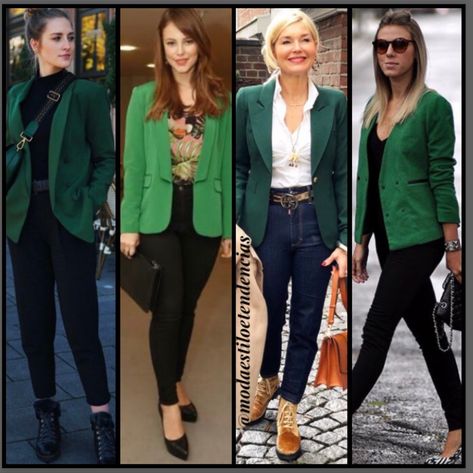 Calça Preta ou Jeans escuro , usados com Blazer Verde . Combinação harmoniosa de cores! Saco Verde Mujer Outfit Casual, Outfit Saco Verde, Blazer Verde Outfits Mujer, Blazer Verde, Outfits Jeans, Outfit 2022, Playsuit Dress, Outfit Mujer, Blazer Outfits