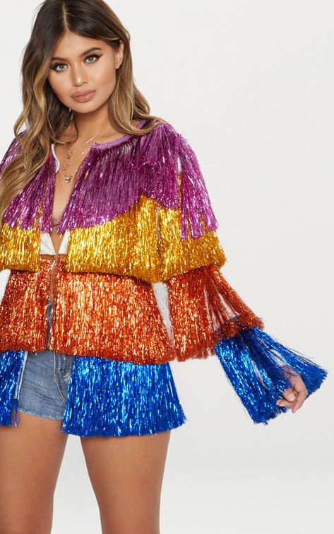 Multi fringe jacket Neon Clothing, Ripped Jacket, Fringe Clothing, Black Fur Coat, Black Faux Fur Coat, Neon Outfits, Festival Jacket, Festival Clothing, Rainbow Dress