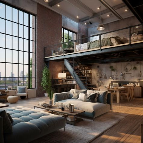 Loft style interior design, mezzanine, bedroom upstairs, living area downstairs, with a view House Design Budget, Loft Style Interior Design, Loft Type House, Interior Design Loft Style, Dröm Hus Planer, Almirah Design, Industrial Style Bedroom, Loft Style Interior, Loft Type