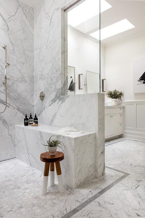 Hexagon Shower Floor, Marble Shower Walls, Grey Marble Tile, Brass Shower Head, Glass Shower Doors Frameless, Shower Wall Tile, Window In Shower, Marble Wall Tiles, Marble Showers