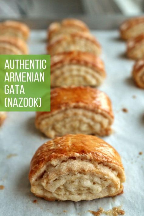 Gata is easily one of the most beloved Armenian desserts. It's a pastry with similarities to both croissants and rugelach, but with a personality of its own. Some call it nazook, but this typically refers to a walnut-filled version made by Iranian Armenians. Crisp on the outside, flaky within, with spirals of vanilla-laced sweetness throughout, it's a divine dessert any time of year. Armenian Gata Recipe, Nazook Recipe, Gata Recipe, Armenian Dessert, Armenian Gata, Armenian Recipes, Malaysian Food, Lebanese Recipes, Persian Food