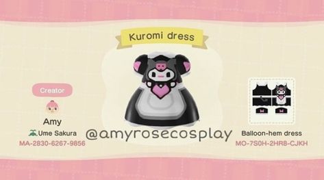 Acnh Kuromi Design, Kuromi Animal Crossing, Acnh Kuromi, Kuromi Dress, Acnh Dress, Acnh Clothes, Character Wardrobe, Animal Crossing 3ds, Outfit Pieces