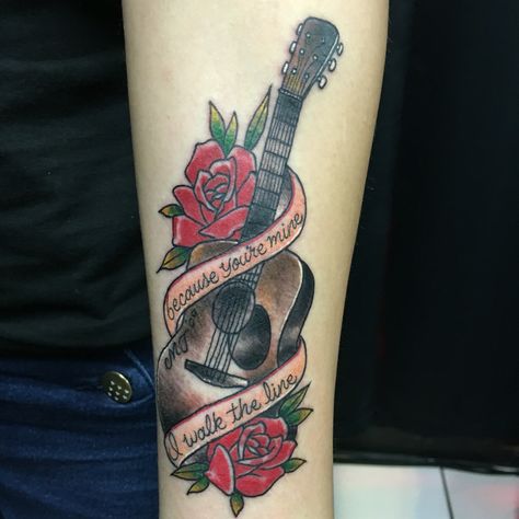 Johnny Cash Guitar Tattoo, Ring Of Fire Tattoo Johnny Cash, I Walk The Line Tattoo, Walk The Line Tattoo, Cash Tattoos, Music Tats, Cash Tattoo, Johnny Cash Tattoo, Guitar Tattoos