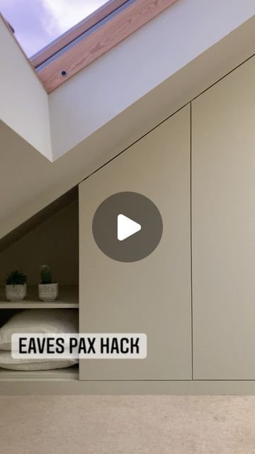 Sophia Nikolaides on Instagram: "EAVES PAX HACK 🛠🪚 - part 2  And I really do mean hack. I used 2 Ikea pax units,a sheet of mdf and a few other bits to create this built in wardrobe in a tricky spot. All for £175. For a more detailed breakdown check out my highlights.  Paint @farrowandball shaded white  #ikeahack #ikeahackers #paxhack #ikeaatmine #ikeafamily #furnitureflip #furnitureflipper #stylingmyhome #apartmenttherapy #bedroomstorage #loftconversion #farrowandball #shadedwhite #ikeauk #ikeausa  #cornerofmyhome #diyproject #imadethis #wearethehomemakers #homeoffice #spareroom #guestroom #storageideas #wardrobeideas" Ikea Loft Wardrobe Hack, Fitted Wardrobe Sloping Ceiling, Ikea Pax Hack Sloped Ceiling, Ikea Rakkestad Wardrobe Hack, Ikea Pax Sloped Ceiling, Pax Ikea Hack, Ikea White Wardrobe, Eaves Storage Ideas, Eaves Wardrobe