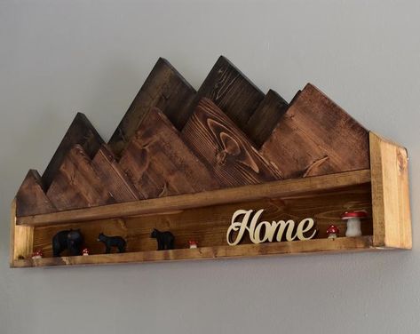 Mountain Shelves Diy, Shelf Cabin, Mountain Shelf, Mountain Wood Art, Geometric Shelves, Wood Company, Rustic Shelf, Shelf Floating, Ottoman Decor