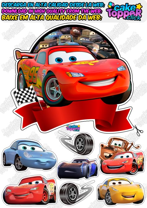 Cars Cake Topper Printable – Lightning McQueen Designs. Cars Cake Topper Printable, Baby Mickey Cake, Cars Cake Topper, Bolo Hot Wheels, Mickey Mouse Cake Topper, Lightning Mcqueen Cake, Mcqueen Cake, Car Cake Toppers, Mickey Cakes