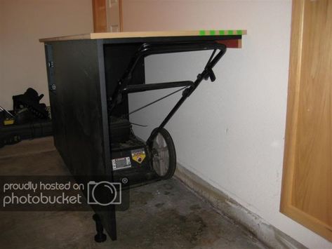 Garage Cabinets Phase 1 - Project Showcase - DIY Chatroom Home Improvement Forum Lawnmower Storage Garage, Lawn Mower Garage Storage, Lawnmower Storage Ideas, Lawnmower Storage, Mower Storage, Garage Cupboards, Board Architecture, Cabinet Build, Lawn Mower Storage