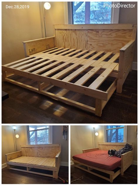 Pallet Trundle Bed Diy, Bed Pull Out, Pull Out Queen Bed, Twin To Queen Daybed, Couch To Queen Bed, Diy Pull Out Daybed, Daybed To Queen Bed, Queen Size Daybed Diy, Twin To King Daybed Diy