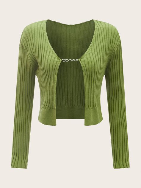 Olive Green Casual  Long Sleeve Viscose Plain Cardigan Embellished Slight Stretch Spring/Fall Plus Size Knitwear Chain Cardigan, Cardigan Verde, Plus Size Knitwear, Coquette Outfits, Plain Cardigan, Fall Plus Size, Rib Knit Cardigan, Plus Size Cardigans, Green Cardigan