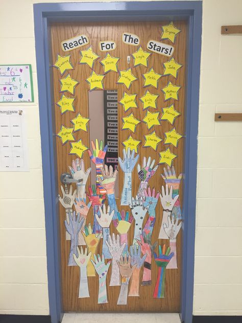 Reach for the Stars Classroom Door Stars Door Decorations Classroom, Reach For The Stars Door Decoration, Star Theme Classroom Decor, Star Classroom Door Ideas, Super Star Classroom Theme, Star Door Decorations Classroom, Classroom Door Displays Primary, Stars Classroom Door, Reach For The Stars Classroom Theme