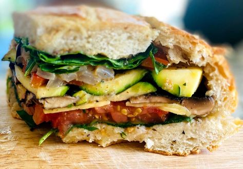 Vegan Zucchini Recipes, Vegan Nacho Cheese, Muffaletta Sandwich, Vegan Stuffed Mushrooms, Muffuletta Sandwich, Mushroom Sandwich, Vegan Nachos Cheese, Raw Spinach, Vegan Zucchini