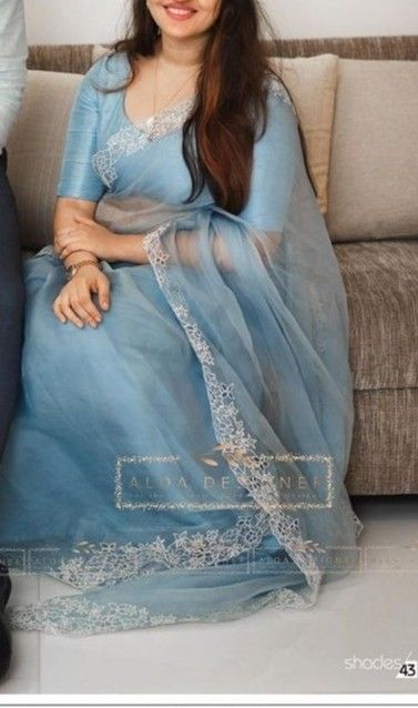 Brides Saree, Blue Organza Saree, Saree Outfit, Cutwork Saree, Lehenga Saree Design, Blue Organza, Cotton Saree Designs, Latest Bridal Dresses, Simple Kurta Designs