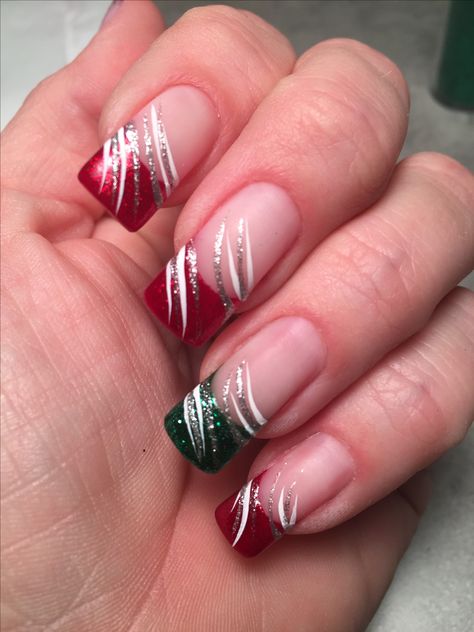 Christmas Nail Tips French, Christmas French Tip Nails Red And Green, Red Green And White Nails, Christmas Nails Acrylic Square, Christmas Red And Green Nails, Red And Green Nails, Pink Holographic Nails, Christmas Nail Polish, Sports Nails