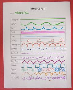 Vocal exploration of melodic contour.... perhaps use Educreations app as "template" to let the kids record the sounds each line makes. Types Of Lines In Art, Lines In Art, Elements Of Art Line, Grade 1 Art, Classe D'art, Art Handouts, First Grade Art, Types Of Lines, Lines And Shapes