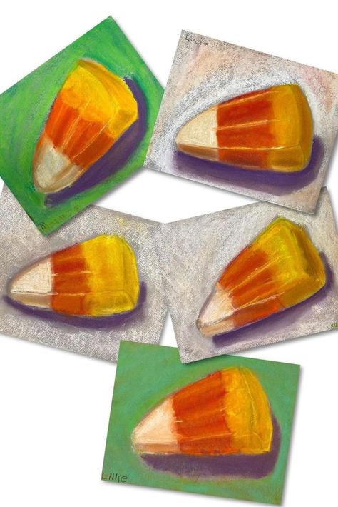 Five similar but different chalk pastel paintings of candy corn. Halloween Art Lessons, Halloween Art Projects, Chalk Pastel Art, Elementary School Art, Middle School Art Projects, Fall Art Projects, 6th Grade Art, Reflected Light, 4th Grade Art