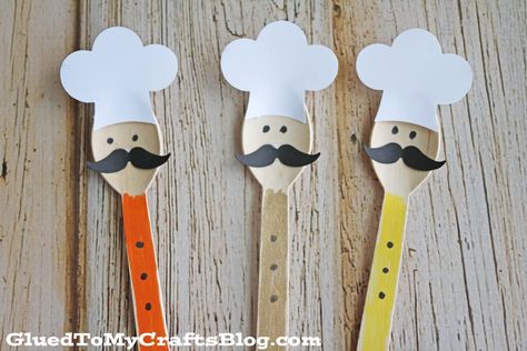 Cuchara de madera Chef - Kid Craft Plastic Spoon Crafts, Wooden Spoon Crafts, Puppet Tutorial, Spoon Craft, Painted Spoons, Wooden Crafts Diy, Spoon Crafts, Kid Craft, Kids Wood